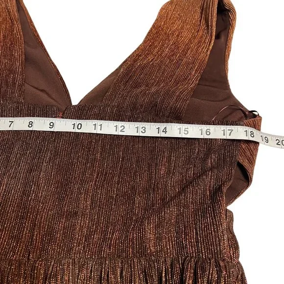 Dress the Population Brown Gold Pleated Metallic Midi Dress L Sleeveless Party - Picture 8 of 10
